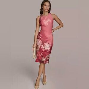 NWT Donna Karan New York Women's Pink Floral-Print Midi Sheath Dress.